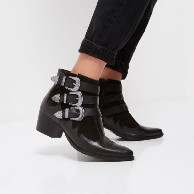 Black leather western buckle strappy boots